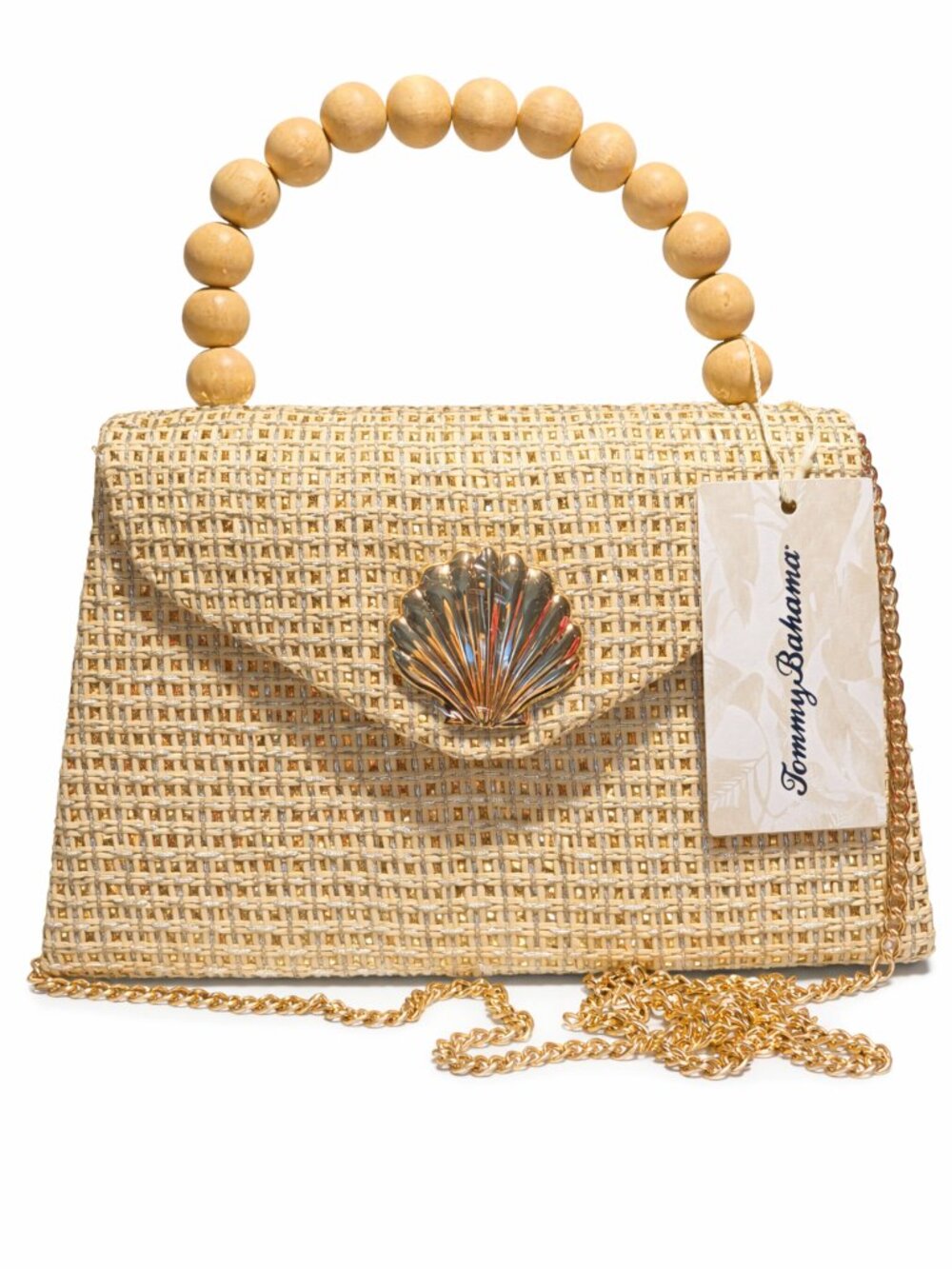 Tommy Bahama Straw Shell Clutch Bag Wooden Handle Gold Chain NWT
